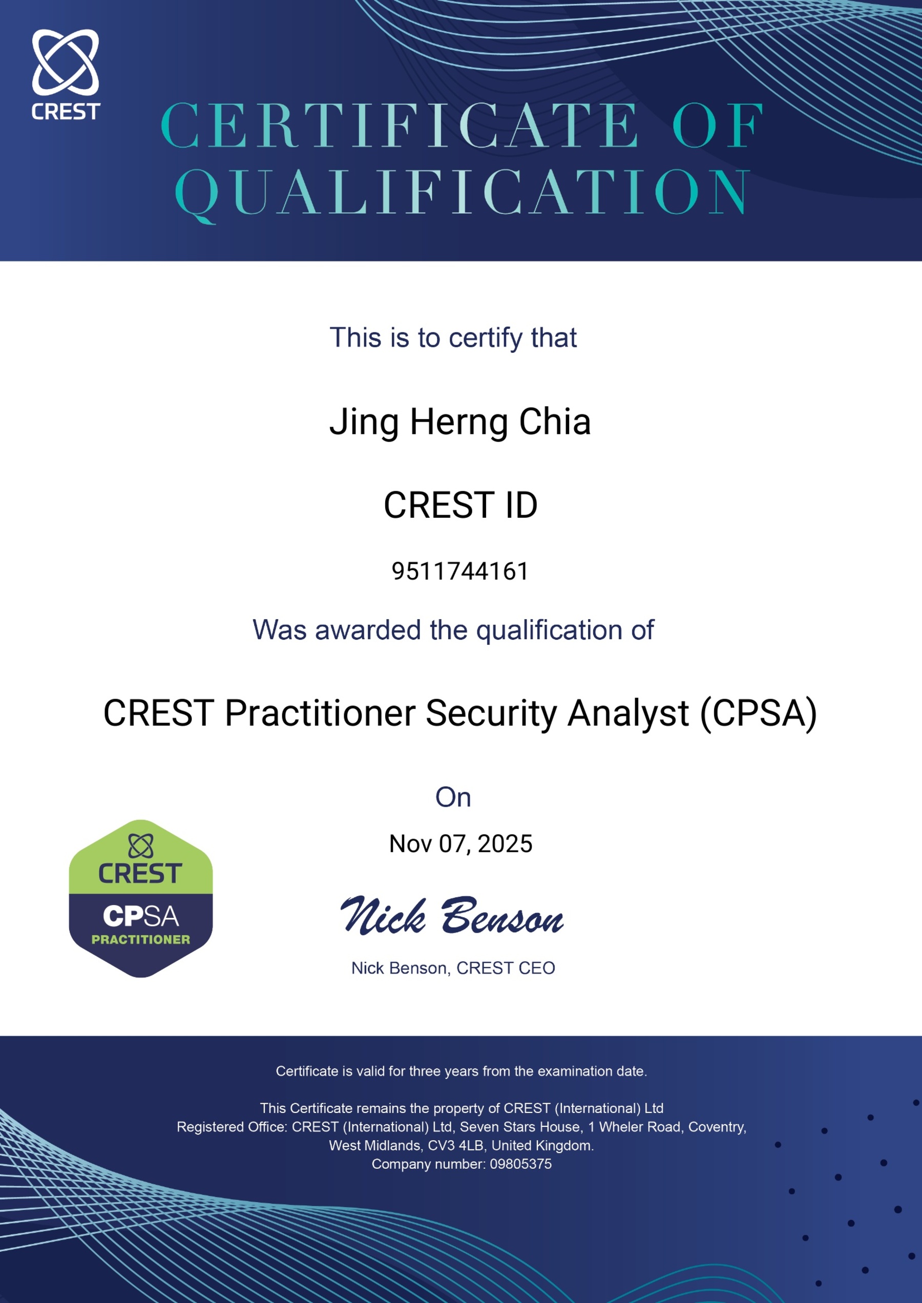 CREST CPSA Certificate — Henry Chia Jing Herng