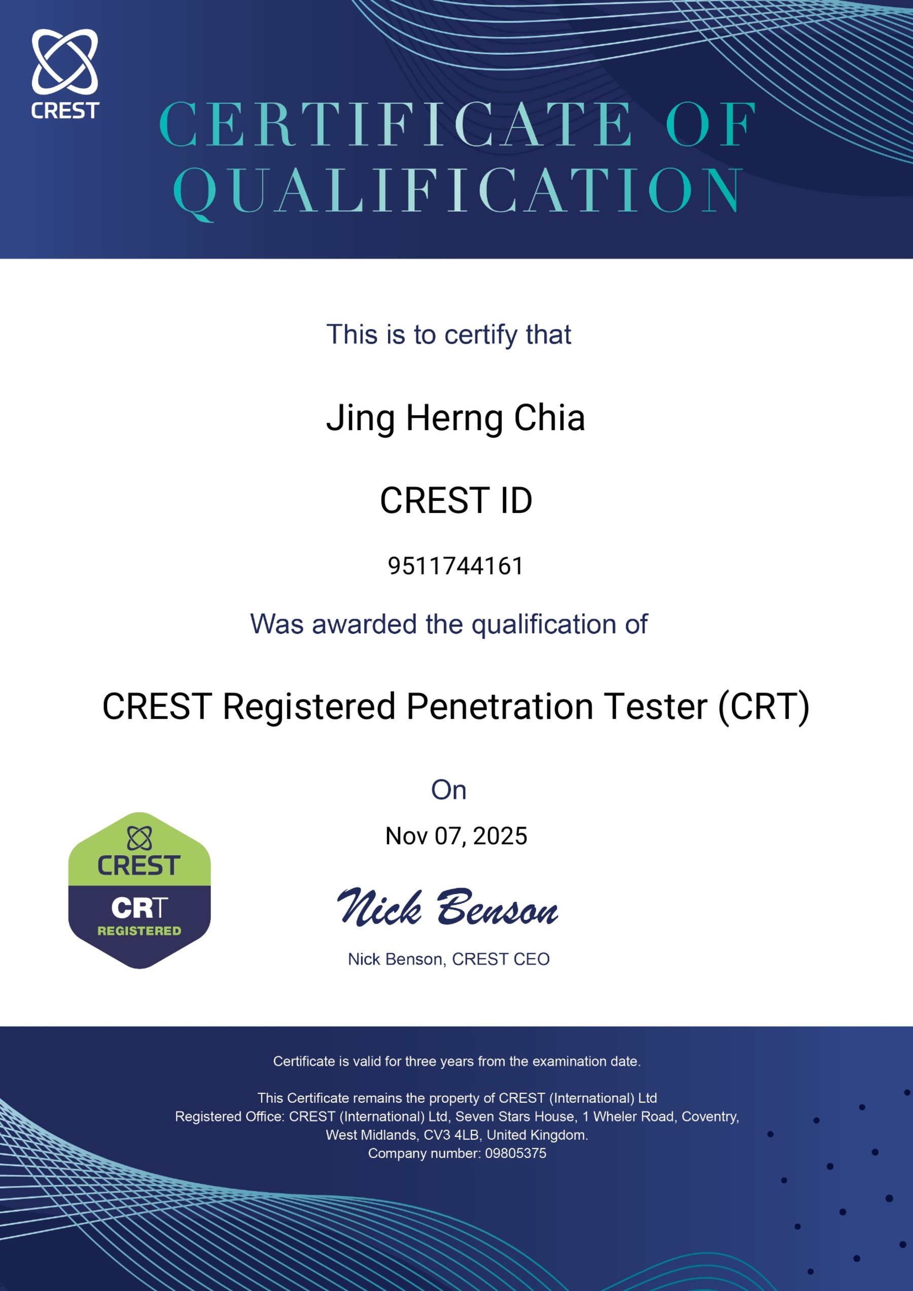 CREST CRT Certificate — Henry Chia Jing Herng